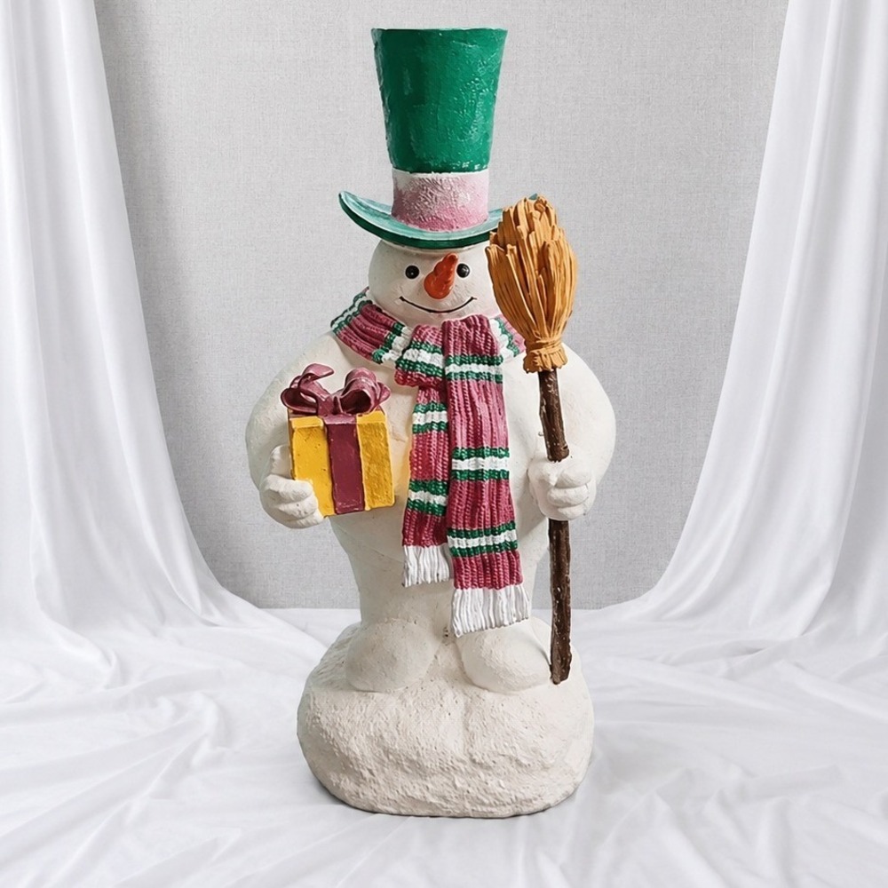 Vintage Flocked Snowman Music Box Christmas Figurine Retro Holiday Decor Working